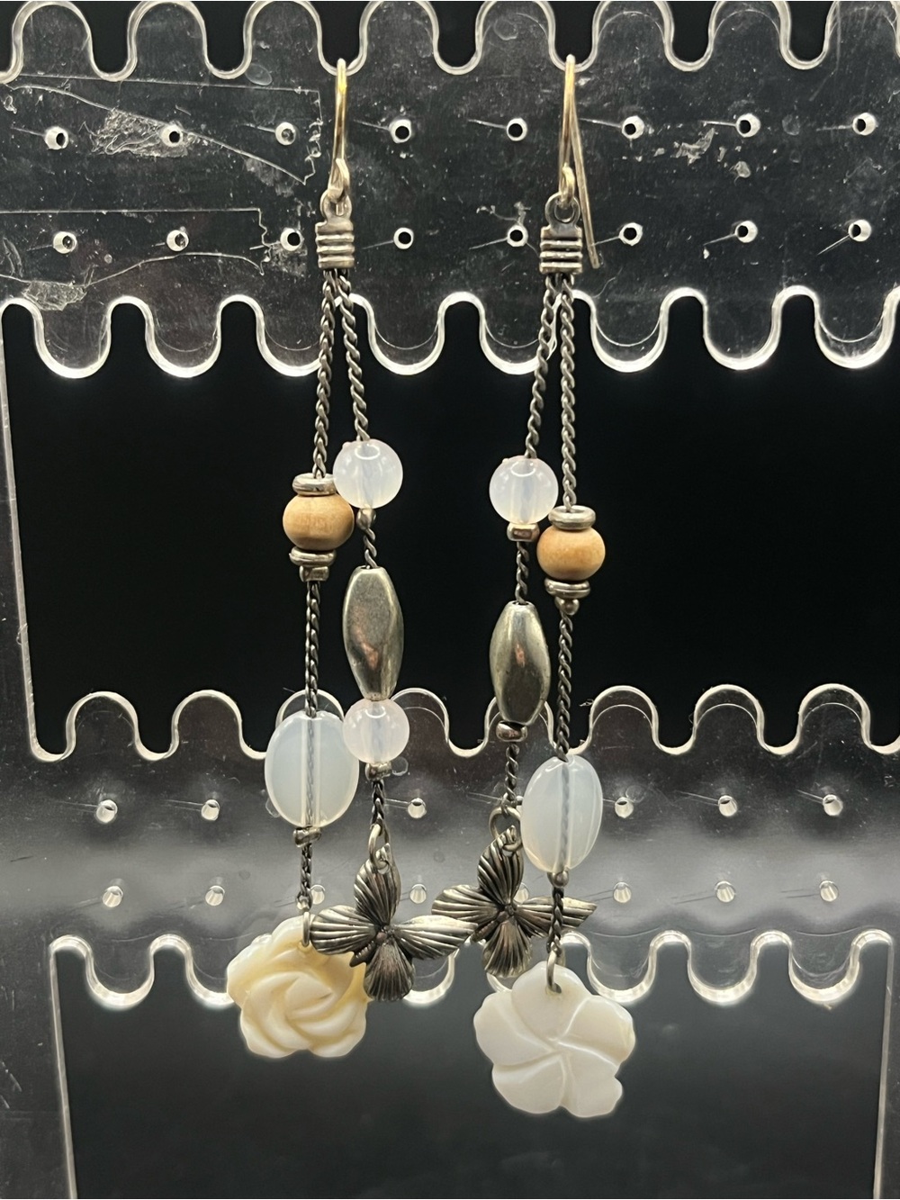 Handmade Long Mother of Pearl Floral Dangle Earrings with Silver Accents